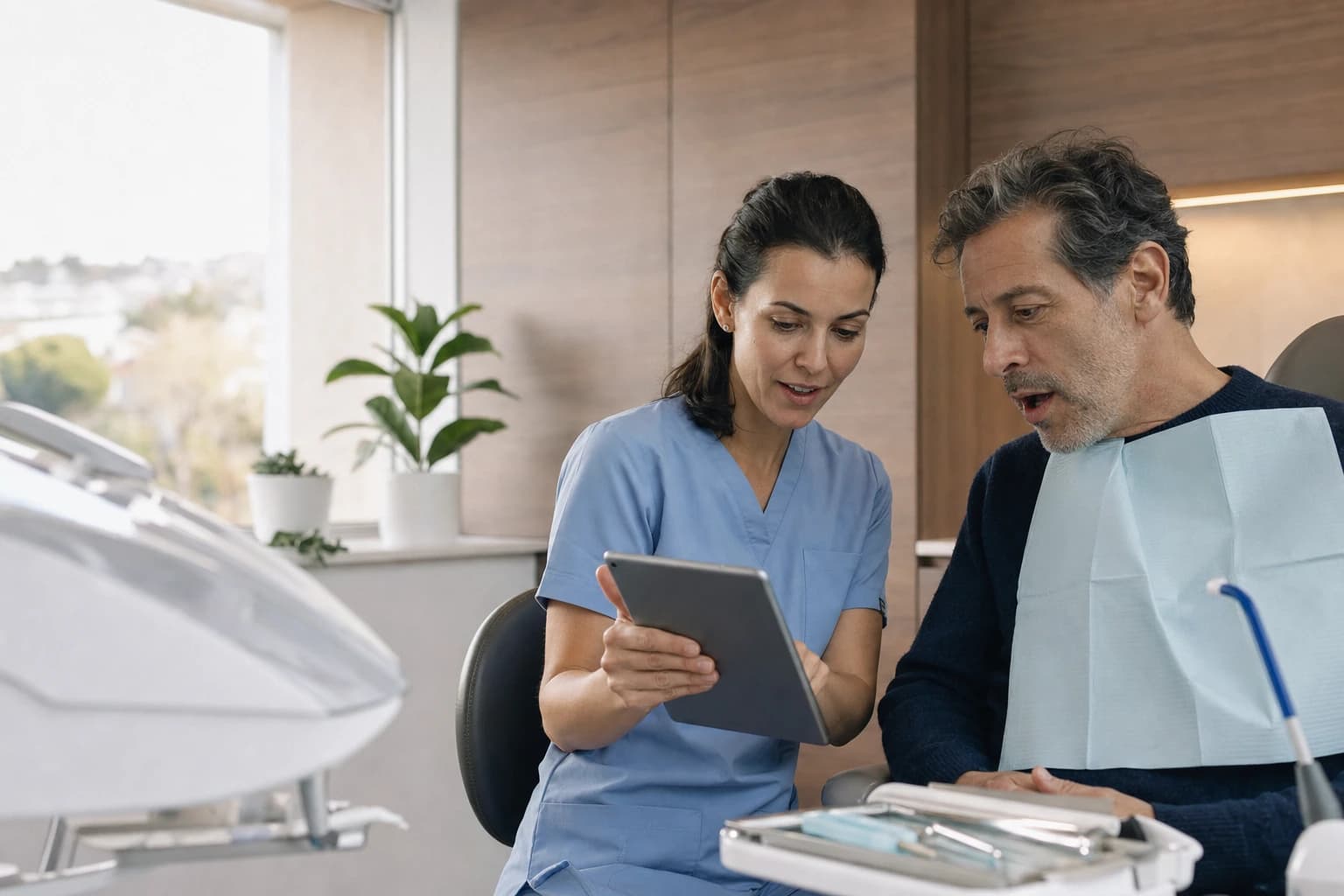 Dentist showing a patient a photorealistic preview of their future smile on an iPad, chairside in a modern operatory