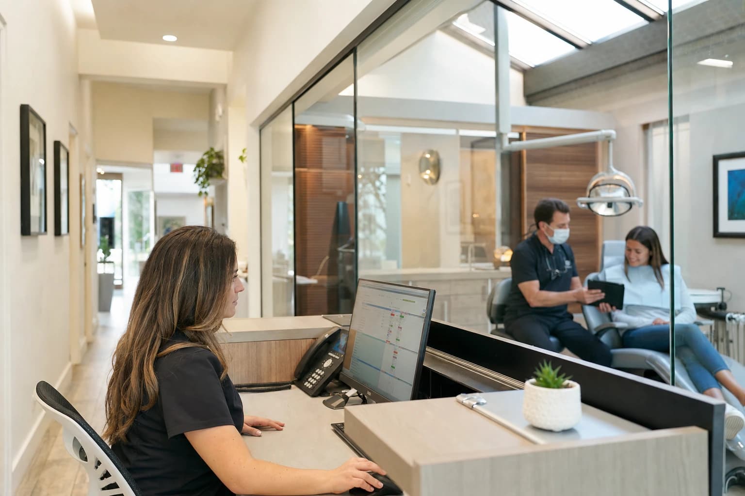 A modern dental practice operating as a system: treatment coordinator at the front desk while a consultation runs in the operatory through the glass partition