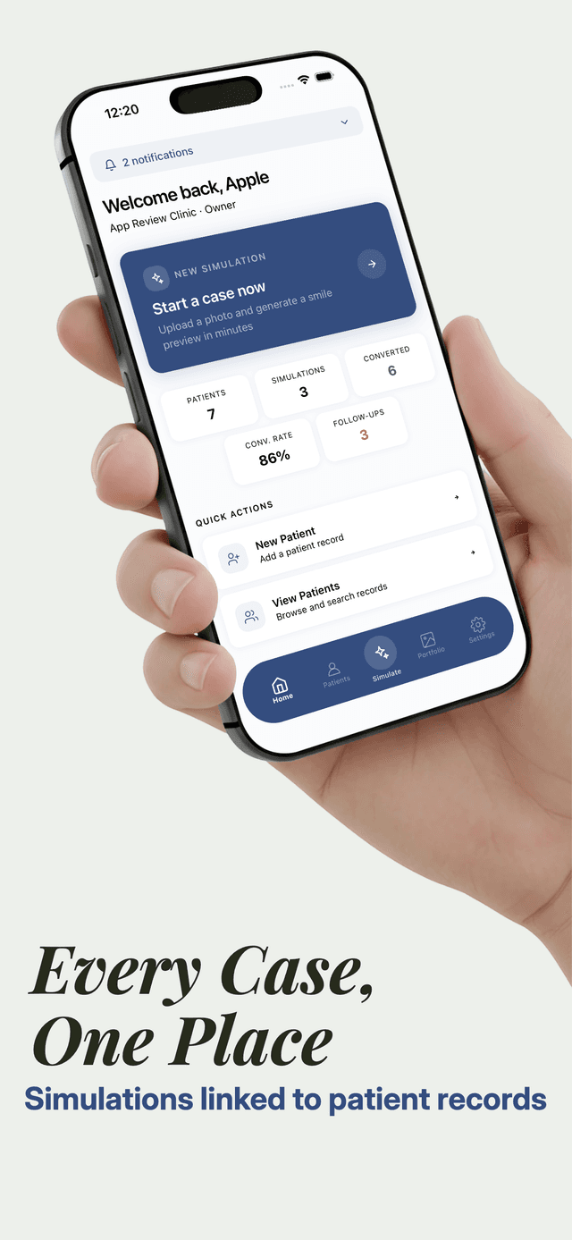 Smile PreVue dashboard on iPhone showing patient pipeline and conversion stats